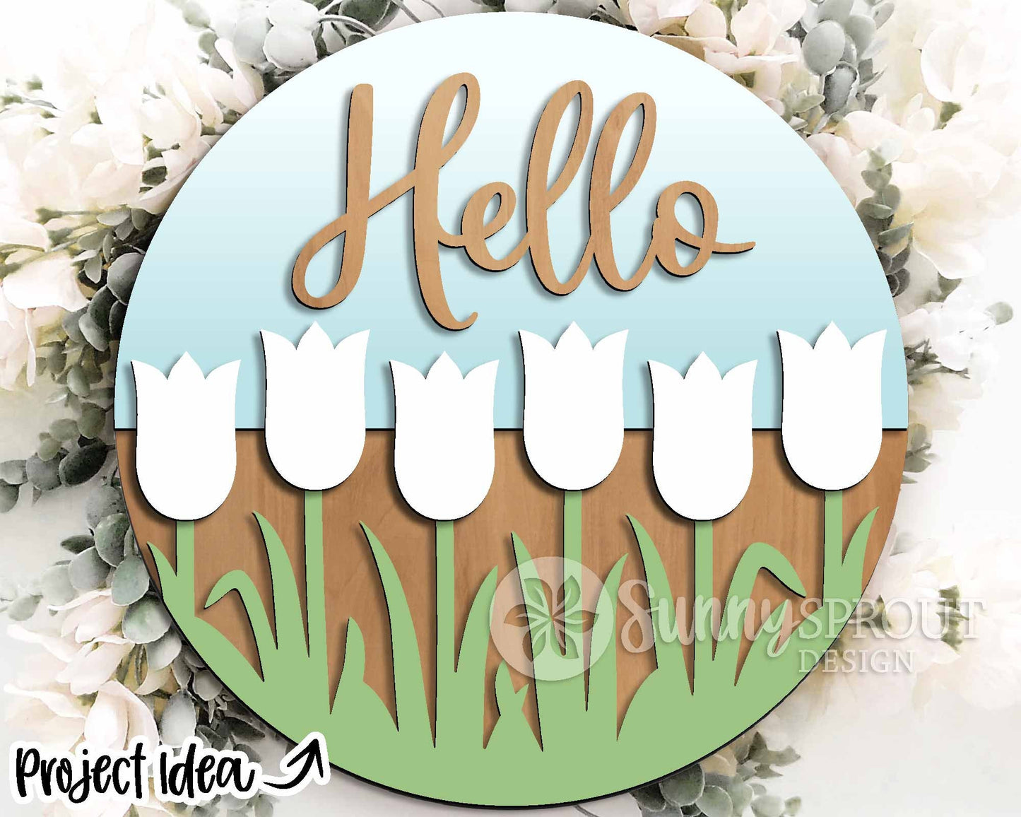 Hello Tulip Flower Sign, Digital download, SVG Laser cut file, Cricut, Round door hanger design, Spring Easter decor