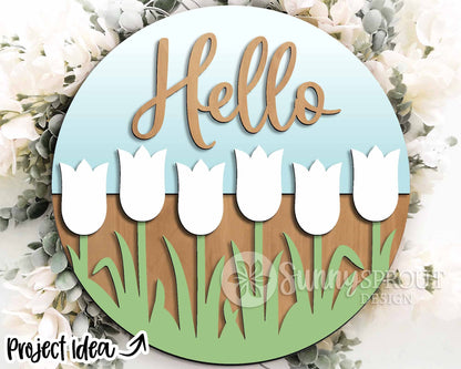 Hello Tulip Flower Sign, Digital download, SVG Laser cut file, Cricut, Round door hanger design, Spring Easter decor