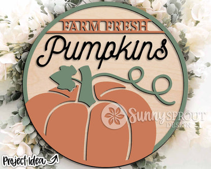 Farm Fresh Pumpkins Sign, Digital Download, SVG Laser Cut File, Cricut, Round Fall Door Hanger Design, Farmhouse Decor