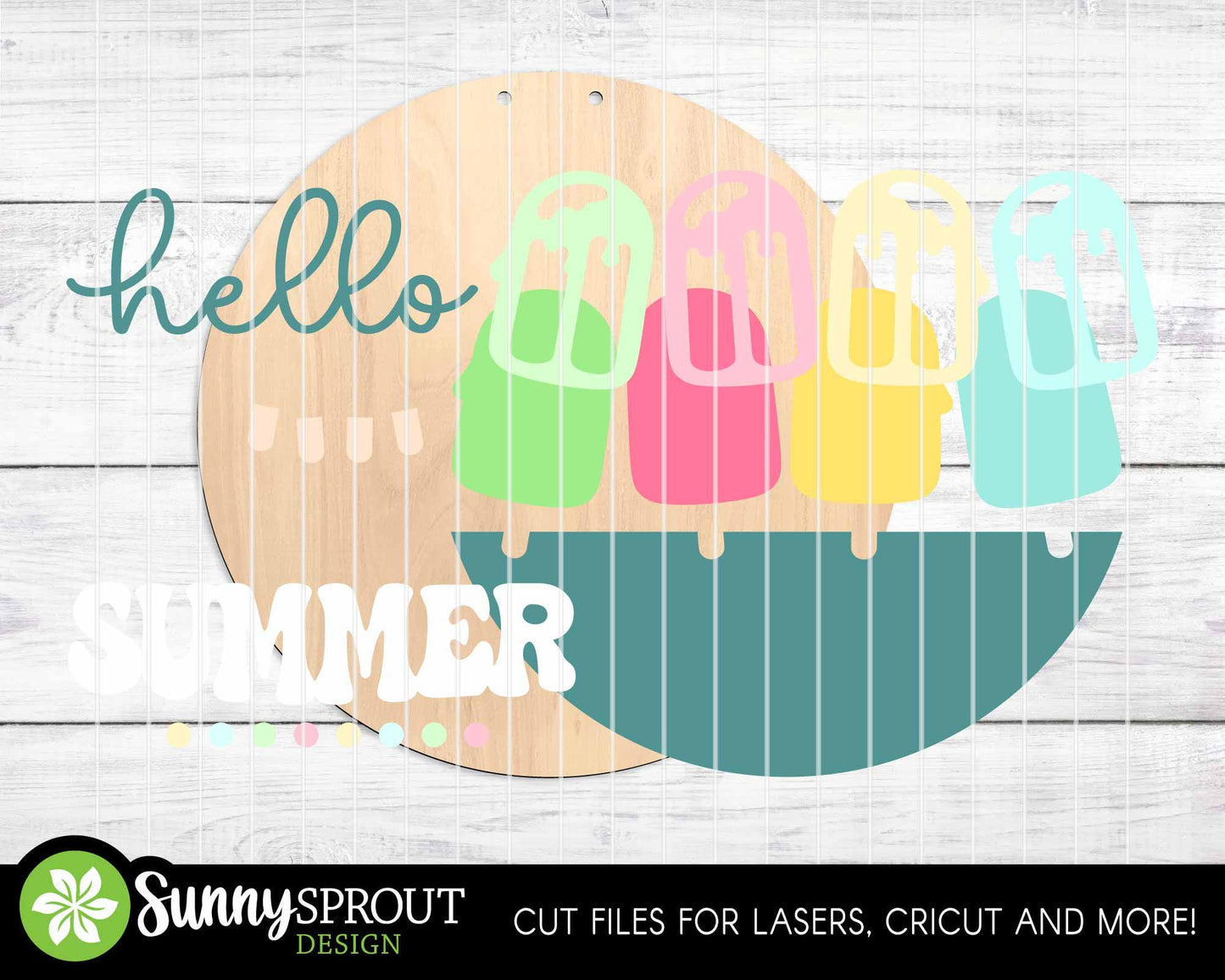 Hello Summer Popsicle Drip Sign, Digital Download, SVG Laser Cut File, Cricut, Round Door Hanger Design