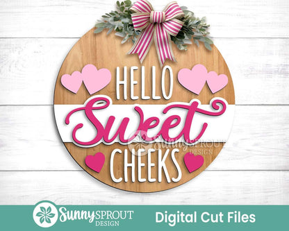 Hello Sweet Cheeks Heart Sign, Digital Download, SVG Laser Cut File, Cricut, Round Door Hanger Design, Valentine's Day Decor