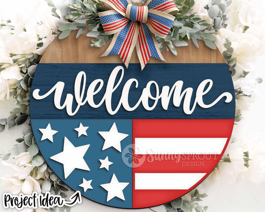 Welcome American Flag Star Sign, Digital Download, SVG Laser Cut File, Cricut, Round Door Hanger Design, Patriotic 4th of July Decor