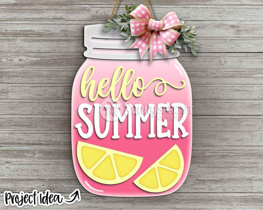 Hello Summer Mason Jar Lemonade Sign, Digital Download, SVG Laser Cut File, Cricut, Door Hanger Design