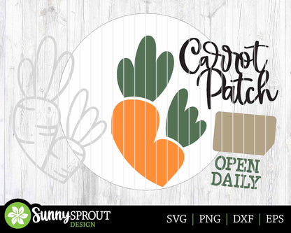 Carrot Patch Open Daily Sign, Digital download, SVG laser cut file, Cricut, Round door hanger design, Farmhouse Easter decor