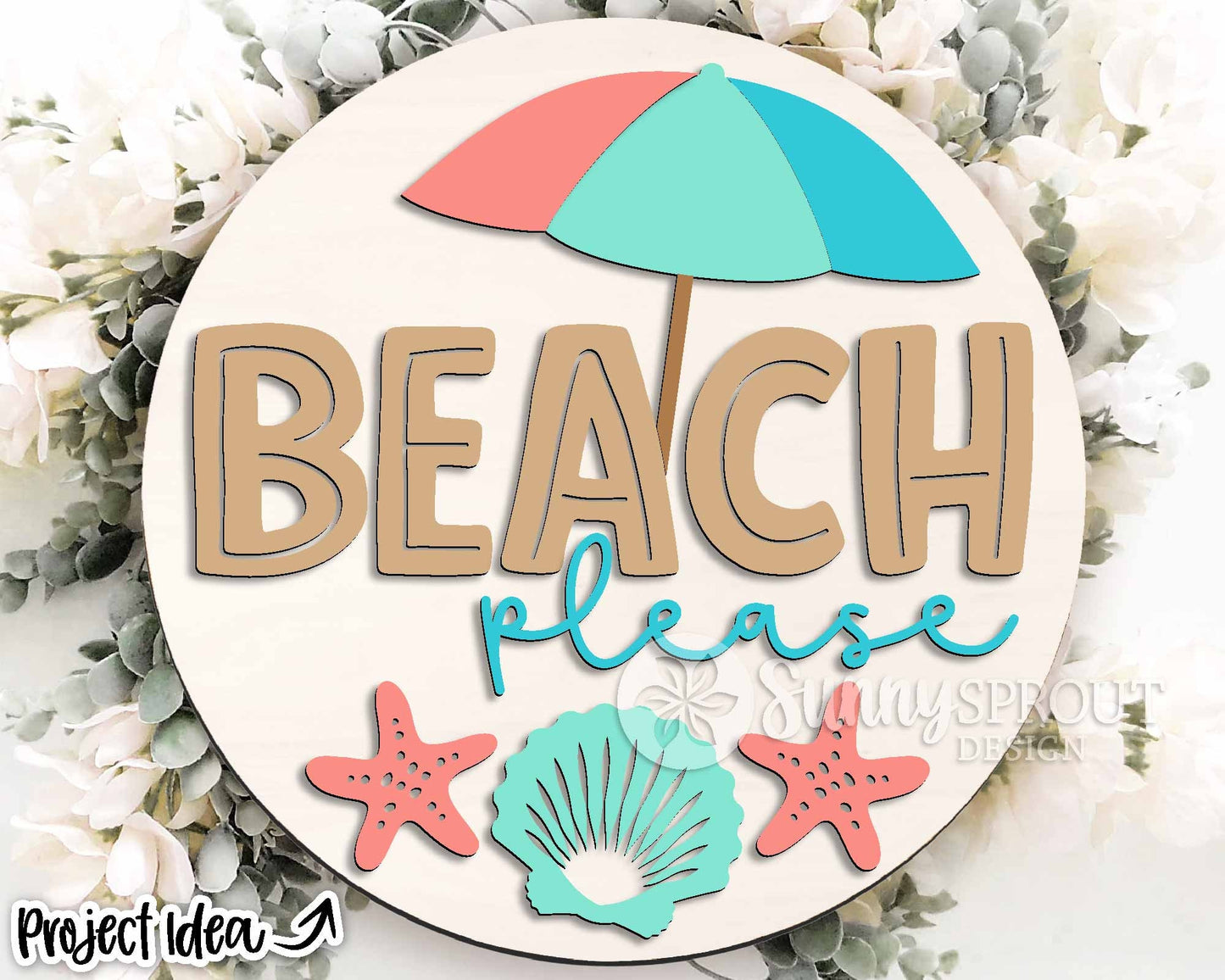 Beach Please Umbrella Seashell Sign, Digital download, SVG Laser cut file, Cricut, Round door hanger wall art design, Ocean coastal decor