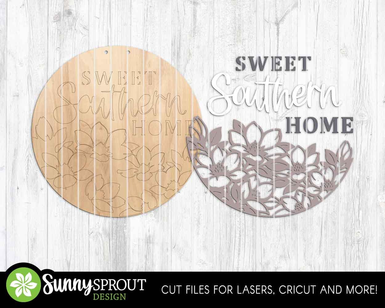 Sweet Southern Home Magnolia Flower Sign, Digital Download, SVG Laser Cut File, Cricut, Spring Summer Round Door Hanger Design