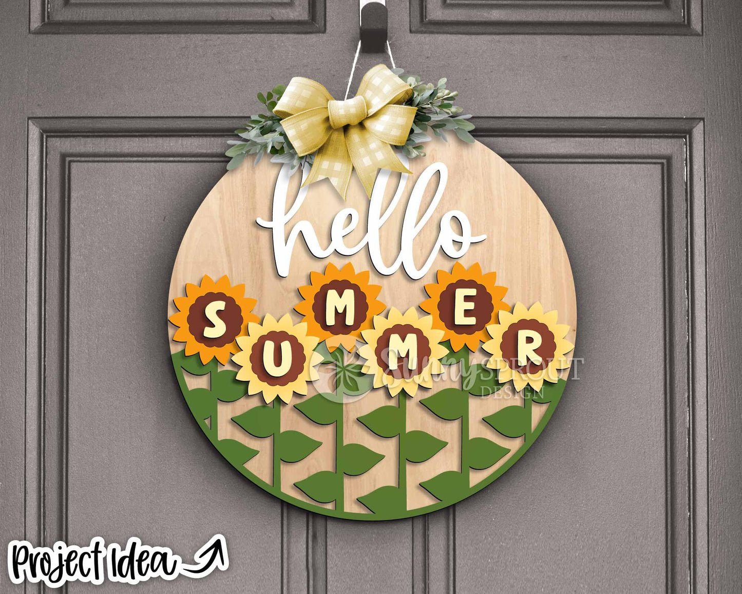 Hello Summer Sunflowers Sign, Digital Download, SVG Laser Cut File, Round Door Hanger Design