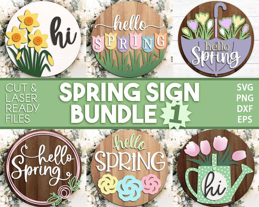 Spring Sign Bundle 1, Round door hanger svg, Glowforge laser file, Cricut svg, Spring flower welcome sign, Hello Spring