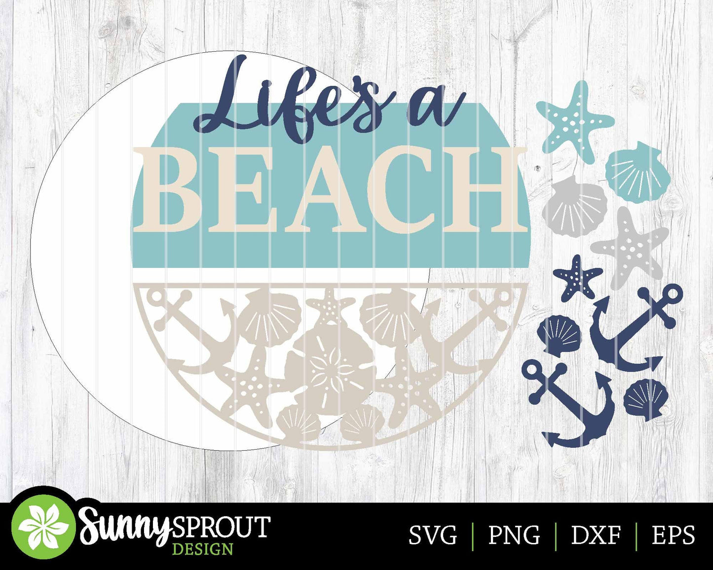 Life's A Beach Seashell Sign, Digital download, SVG Laser cut file, Cricut, Round door hanger wall art design, Ocean coastal decor