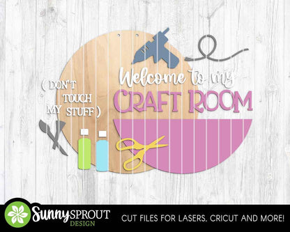 Craft Room Supplies Welcome Sign, Digital Download, SVG Laser Cut File, Cricut, Round Door Hanger Design