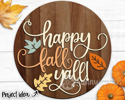 Happy Fall Y'all Script and Leaves Sign, Cricut SVG cut file, Silhouette, Laser cut file, Round Door Hanger Design