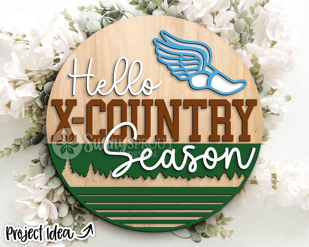 Hello Cross Country Season Sign, Digital Download, SVG Laser Cut File, Cricut, Round Door Hanger Wall Art Design, Sports Decor