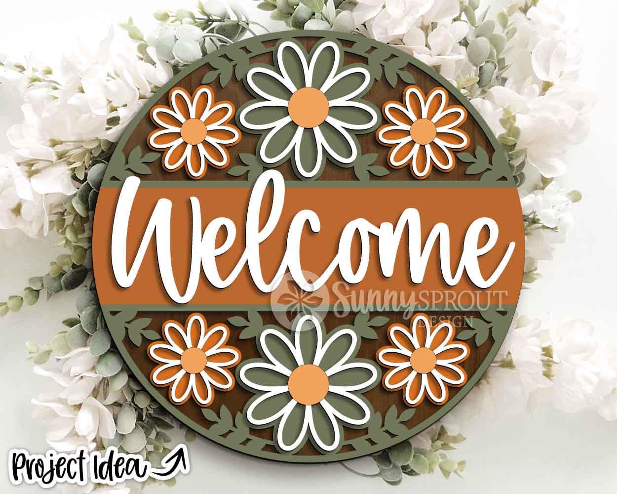 Welcome Flower Pattern Sign, Digital Download, SVG Laser Cut File, Cricut, Summer Floral Round Door Hanger Design