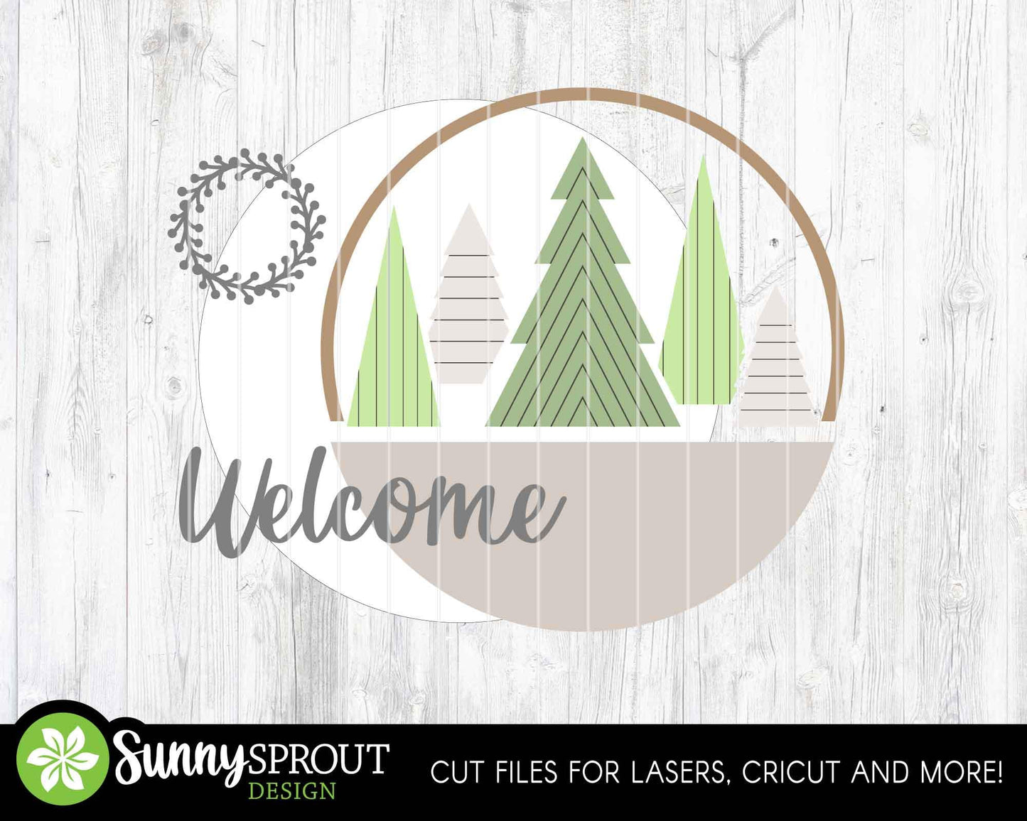 Welcome Pine Tree Wreath Sign, Digital Download, SVG Laser Cut File, Cricut, Round Door Hanger Design, Winter Christmas Decor