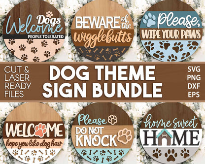 Dog Laser Sign Bundle, Round door hanger svg, Glowforge laser file, Cricut cut file, Front door welcome sign, Paw prints