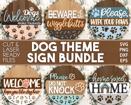 Dog Laser Sign Bundle, Round door hanger svg, Glowforge laser file, Cricut cut file, Front door welcome sign, Paw prints