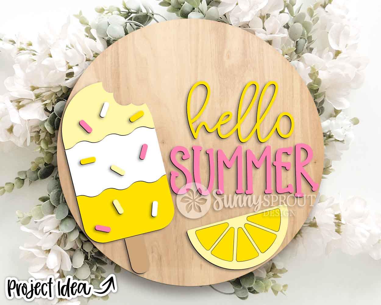 Hello Summer Lemon Popsicle Sign, Digital Download, SVG Laser Cut File, Cricut, Round Welcome Door Hanger Design