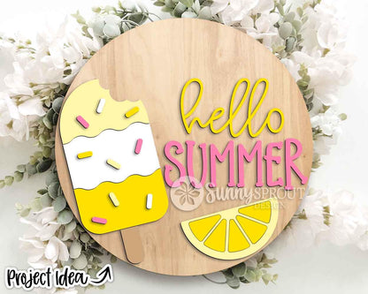 Hello Summer Lemon Popsicle Sign, Digital Download, SVG Laser Cut File, Cricut, Round Welcome Door Hanger Design