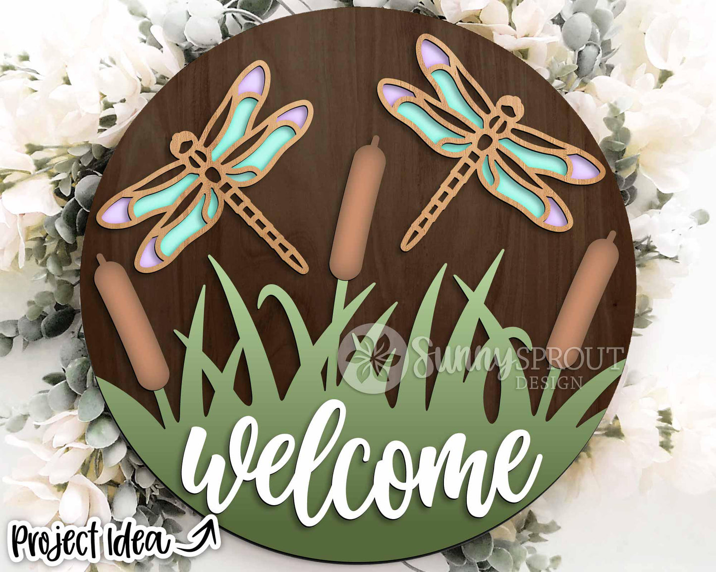 Dragonfly Cattail Welcome Sign, Digital Download, SVG Laser Cut File, Cricut, Lake Camping SVG, Summer Round Door Hanger Design