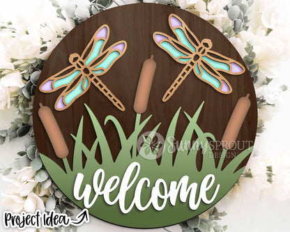 Dragonfly Cattail Welcome Sign, Digital Download, SVG Laser Cut File, Cricut, Lake Camping SVG, Summer Round Door Hanger Design