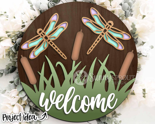 Dragonfly Cattail Welcome Sign, Digital Download, SVG Laser Cut File, Cricut, Lake Camping SVG, Summer Round Door Hanger Design