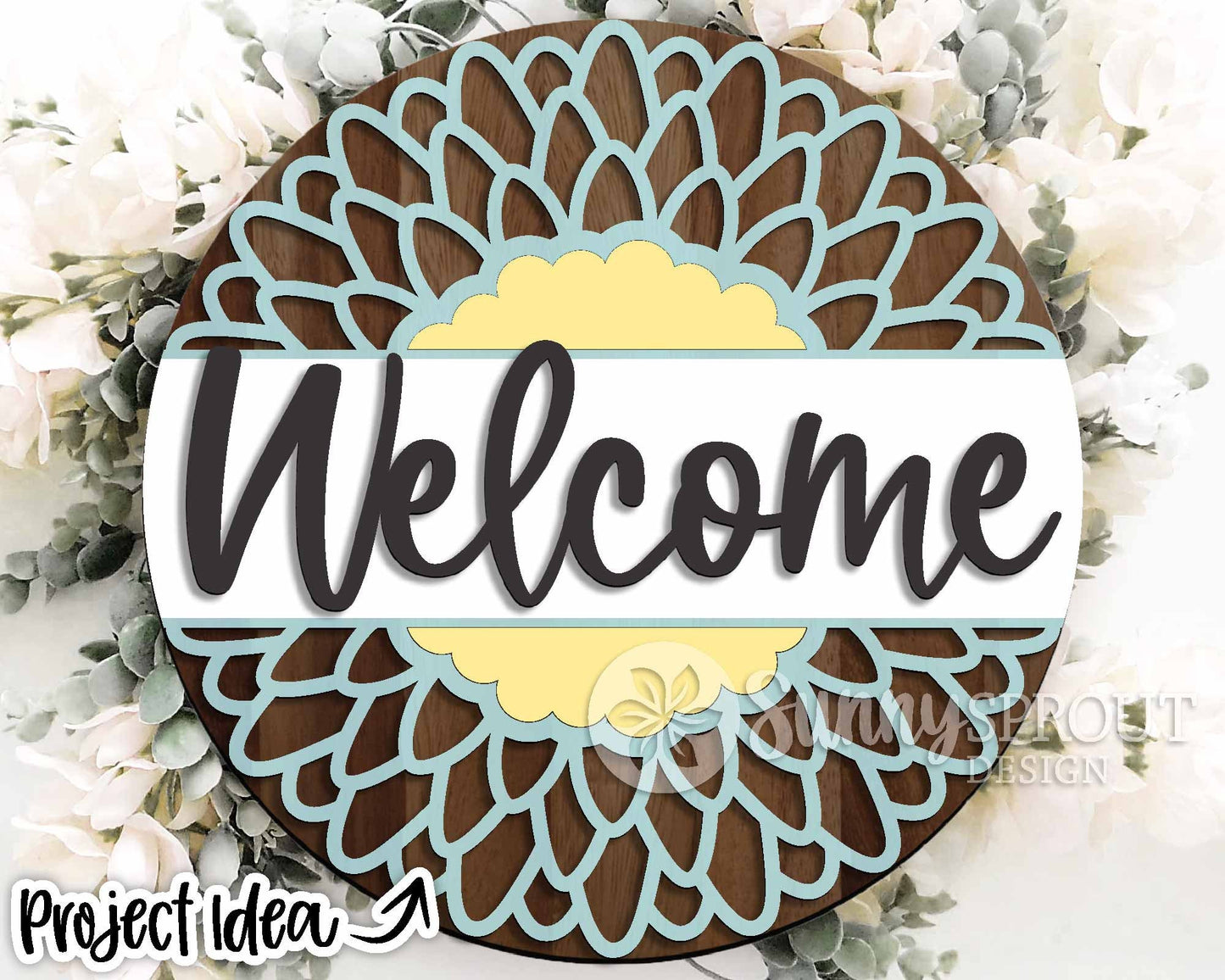 Welcome Round Sunflower Sign, Digital Download, SVG Laser Cut File, Cricut, Summer Fall Round Door Hanger Design