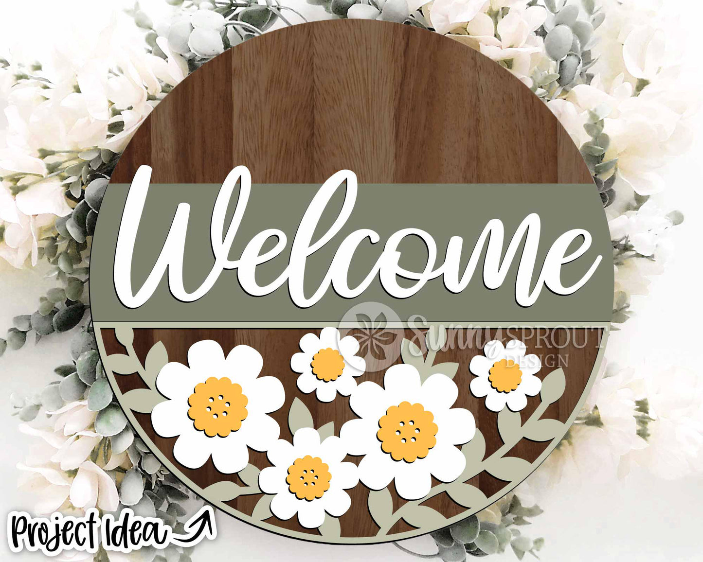 Welcome Daisy Flower Sign, Digital download, SVG Laser cut file, Cricut, Round door hanger design, Spring summer floral decor