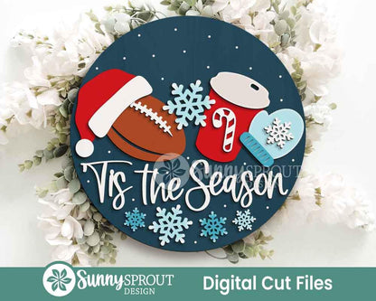 Tis the Season Christmas Football Sign, Digital Download, SVG Laser Cut File, Cricut, Round Door Hanger Design, Christmas Decor