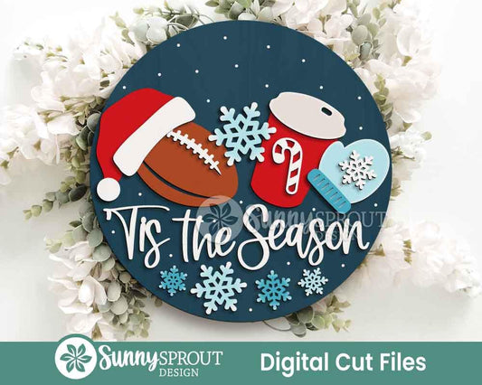 Tis the Season Christmas Football Sign, Digital Download, SVG Laser Cut File, Cricut, Round Door Hanger Design, Christmas Decor