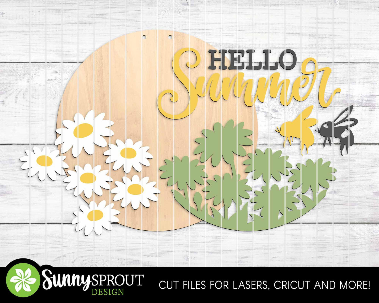 Hello Summer Daisies Bee Sign, Digital Download, SVG Laser Cut File, Cricut, Round Door Hanger Design
