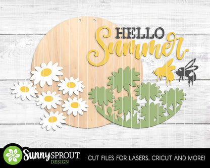 Hello Summer Daisies Bee Sign, Digital Download, SVG Laser Cut File, Cricut, Round Door Hanger Design