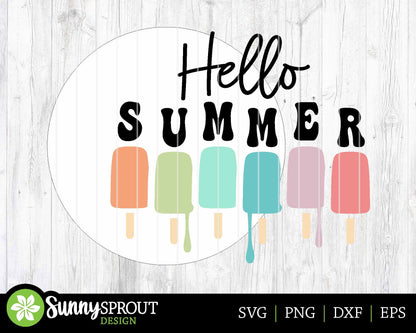 Hello Summer Popsicle Drip Sign, Digital Download, SVG Laser Cut File, Cricut, Round Door Hanger Design