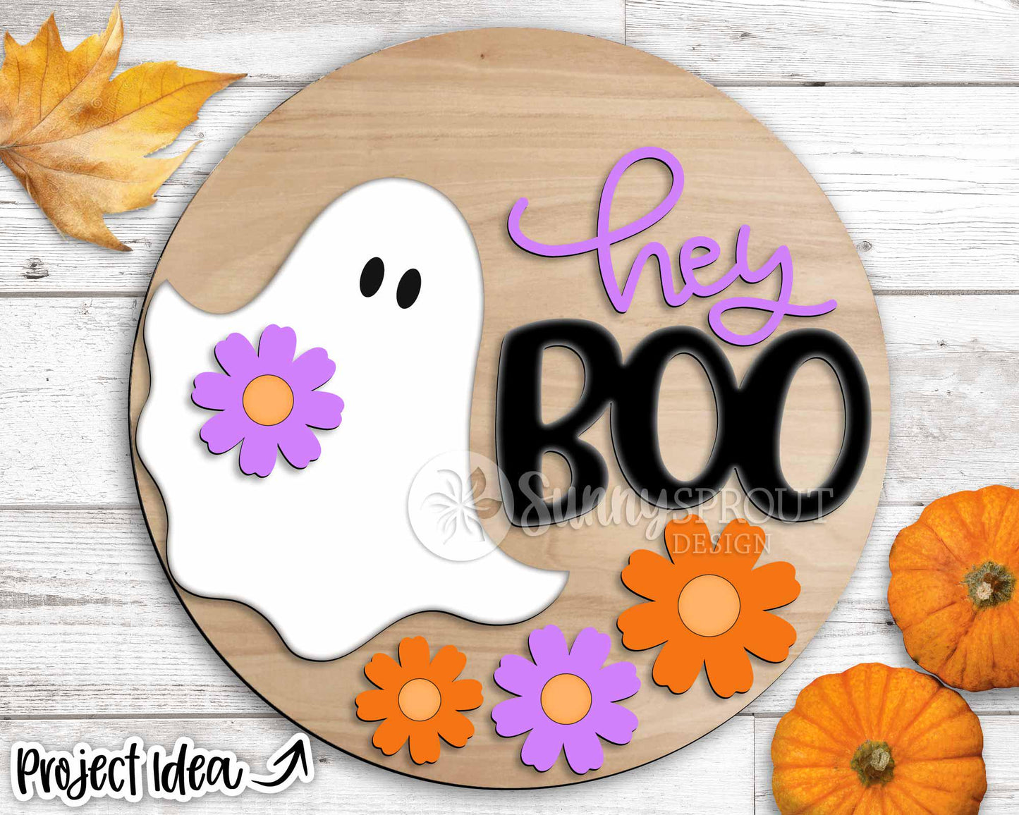 Hey Boo Ghost Flower Sign, Round door hanger SVG, Glowforge laser cut file, Cricut, Cute Halloween SVG, Spooky decor SVG
