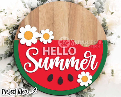 Hello Summer Watermelon Flower Sign, Digital Download, SVG Laser Cut File, Cricut, Round Door Hanger Design