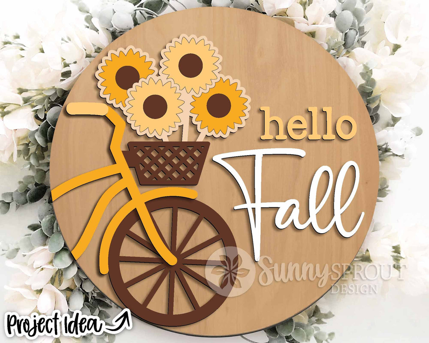Hello Fall Bicycle Sunflowers Sign, Digital Download, SVG Laser Cut File, Cricut, Round Welcome Door Hanger Design