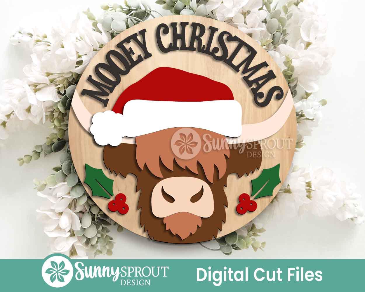 Mooey Christmas Highland Cow Sign, Digital Download, SVG Laser Cut File, Cricut, Round Door Hanger Design, Farmhouse Decor