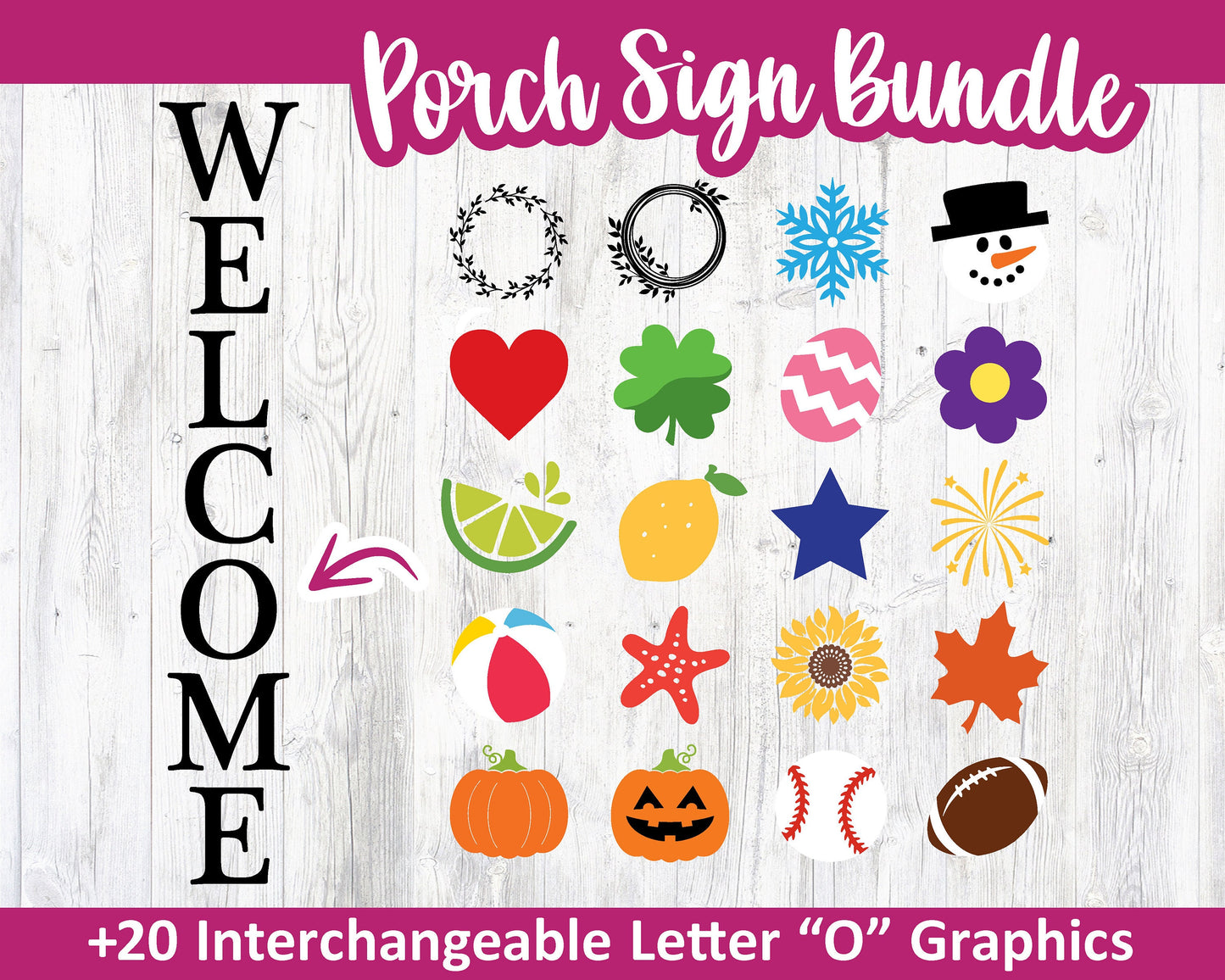 Welcome Porch Sign with Letter "O" Graphics, Digital Download, Cricut SVG Cut File, Silhouette, Interchangeable Front Door Leaner Design