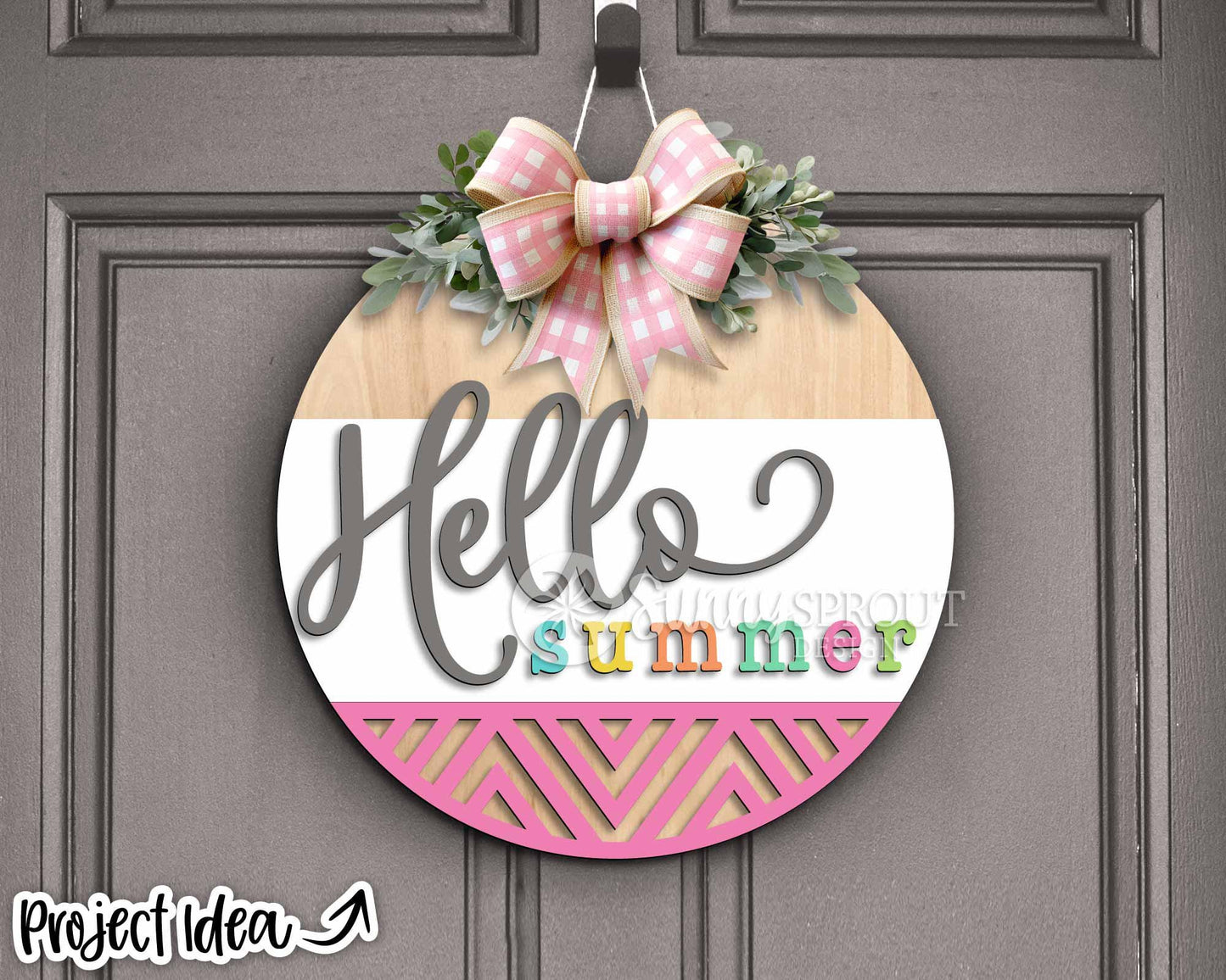 Hello Summer Geometric Sign, Digital Download, SVG Laser Cut File, Cricut, Modern Round Door Hanger Design