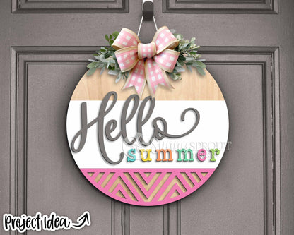Hello Summer Geometric Sign, Digital Download, SVG Laser Cut File, Cricut, Modern Round Door Hanger Design