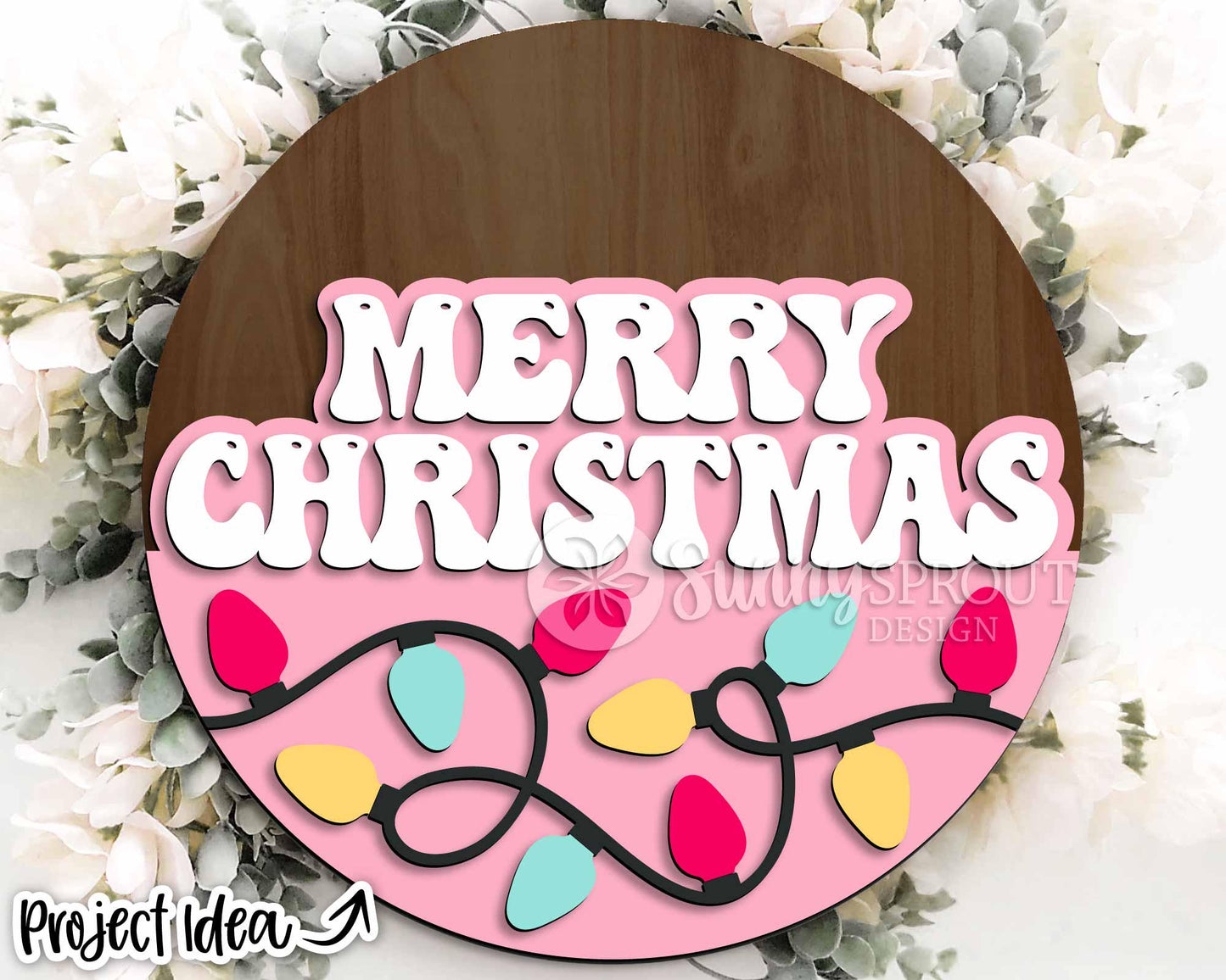 Merry Christmas Retro String Lights Sign, Digital Download, SVG Laser Cut File, Cricut, Round Door Hanger Design