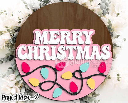 Merry Christmas Retro String Lights Sign, Digital Download, SVG Laser Cut File, Cricut, Round Door Hanger Design