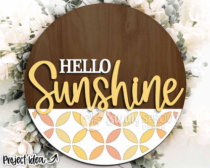 Hello Sunshine Circle Pattern Sign, Digital Download, SVG Laser Cut File, Summer Round Door Hanger Design