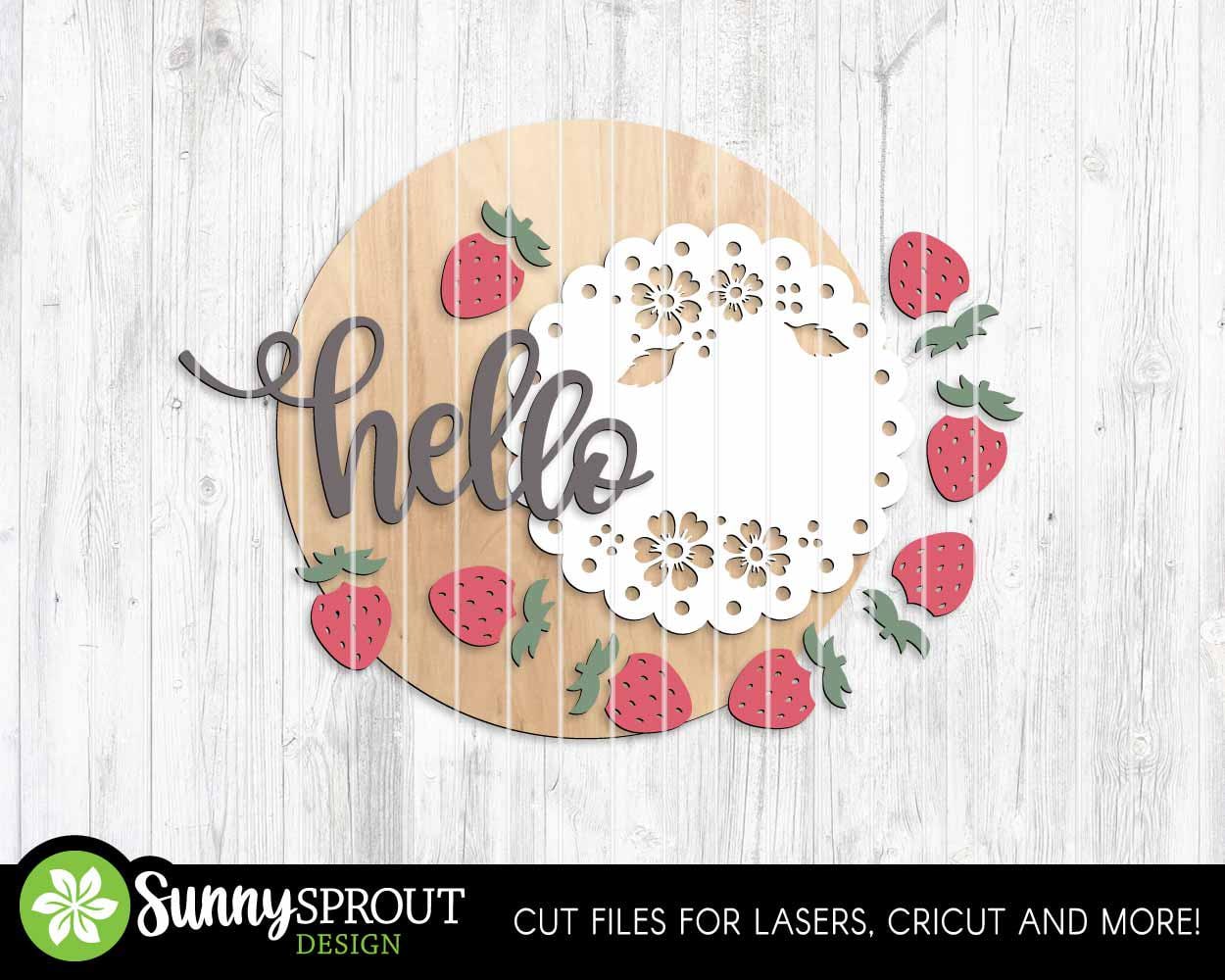 Hello Strawberry Doily Sign, Digital Download, SVG Laser Cut File, Cricut, Summer Round Door Hanger Design