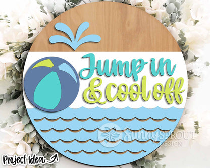 Jump In & Cool Off Pool Sign, Digital Download, SVG Laser Cut File, Cricut, Summer Round Door Hanger Design