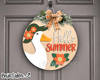 Hello Summer Goose Hat Flowers Sign, Digital Download, SVG Laser Cut File, Cricut, Round Door Hanger Design