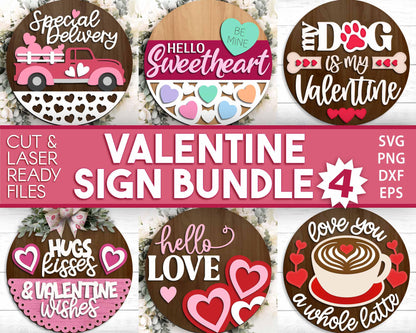 Valentine Laser Sign Bundle 4, Round door hanger, Glowforge laser file, Cricut, Heart welcome sign, Valentine's Day decor