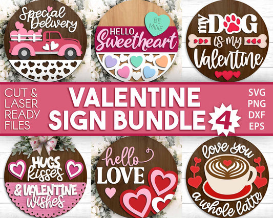 Valentine Laser Sign Bundle 4, Round door hanger, Glowforge laser file, Cricut, Heart welcome sign, Valentine's Day decor