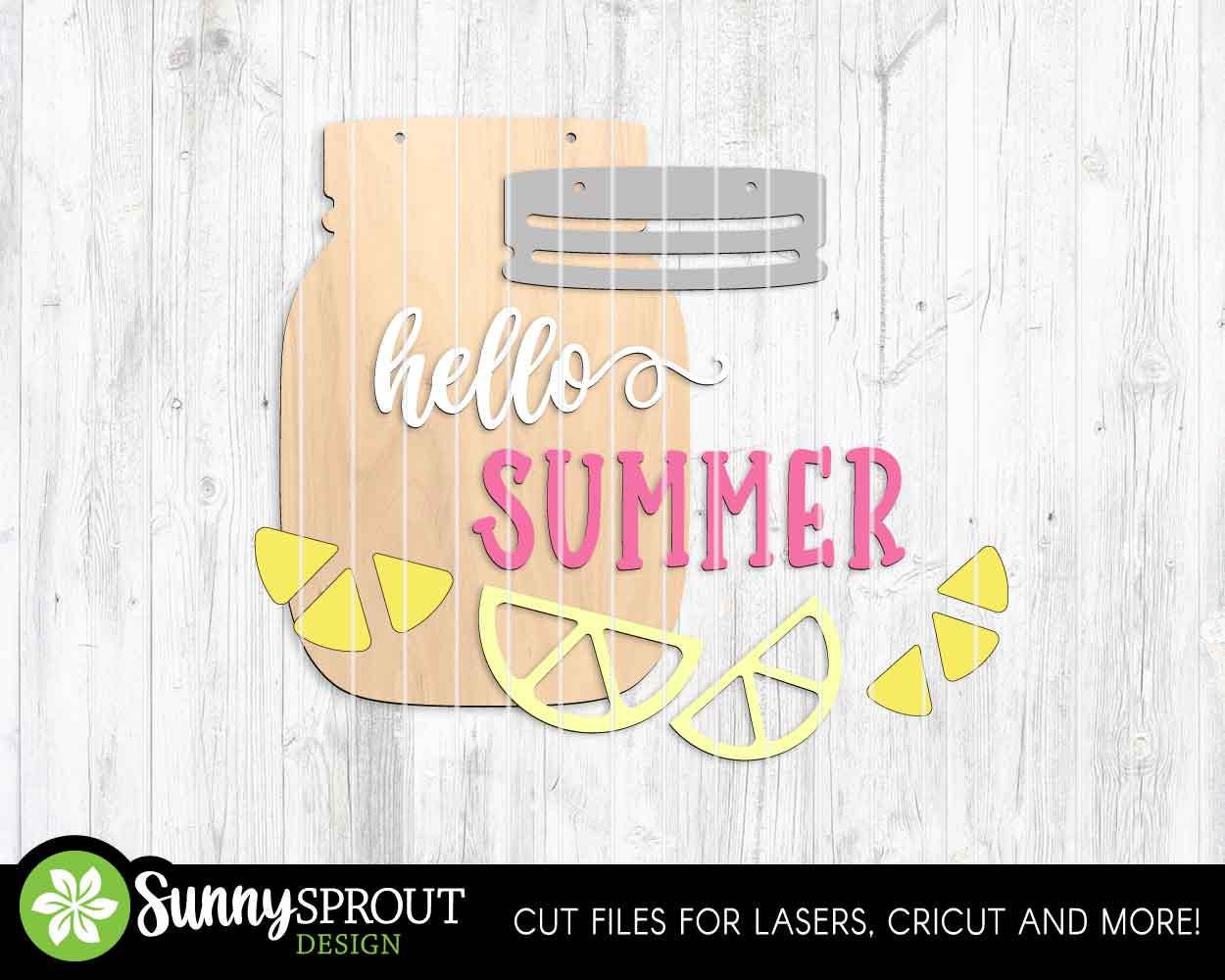 Hello Summer Mason Jar Lemonade Sign, Digital Download, SVG Laser Cut File, Cricut, Door Hanger Design
