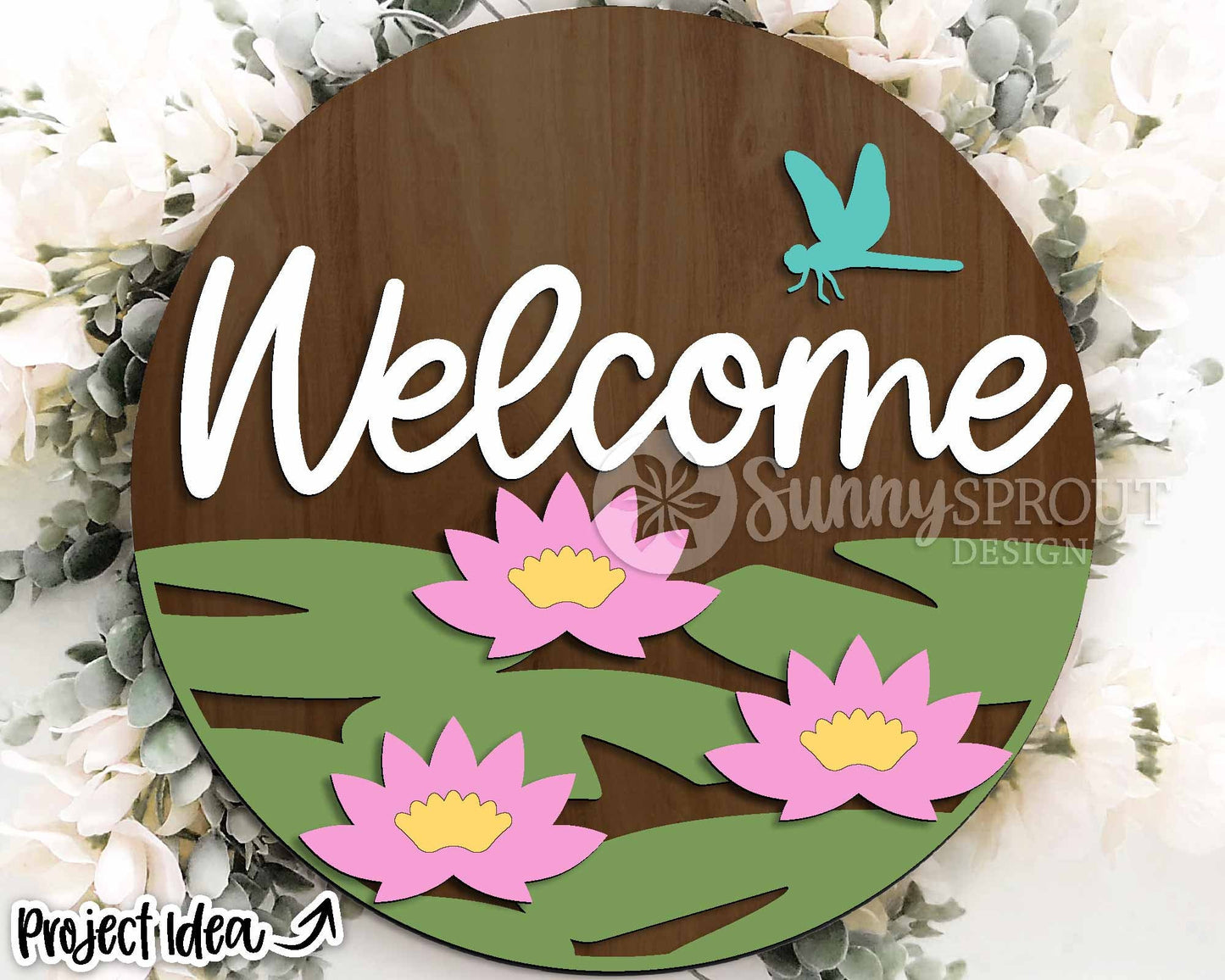 Welcome Lilypad Flower Dragonfly Sign, Digital download, SVG Laser cut file, Cricut, Round door hanger design, Summer lake pond decor
