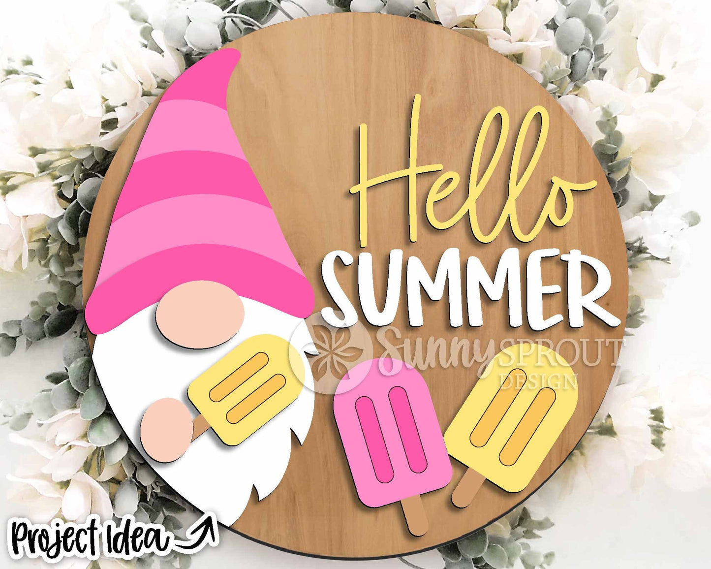 Hello Summer Gnome Popsicle Sign, Digital Download, SVG Laser Cut File, Cricut, Round Door Hanger Design